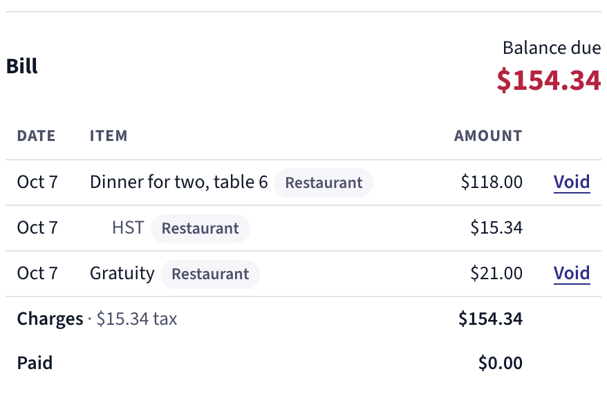 The bill for a stay in room 201: dinner for two at table 6, $118.00, its HST $15.34 and a $21.00 gratuity, each labelled Restaurant. Balance due $154.34.