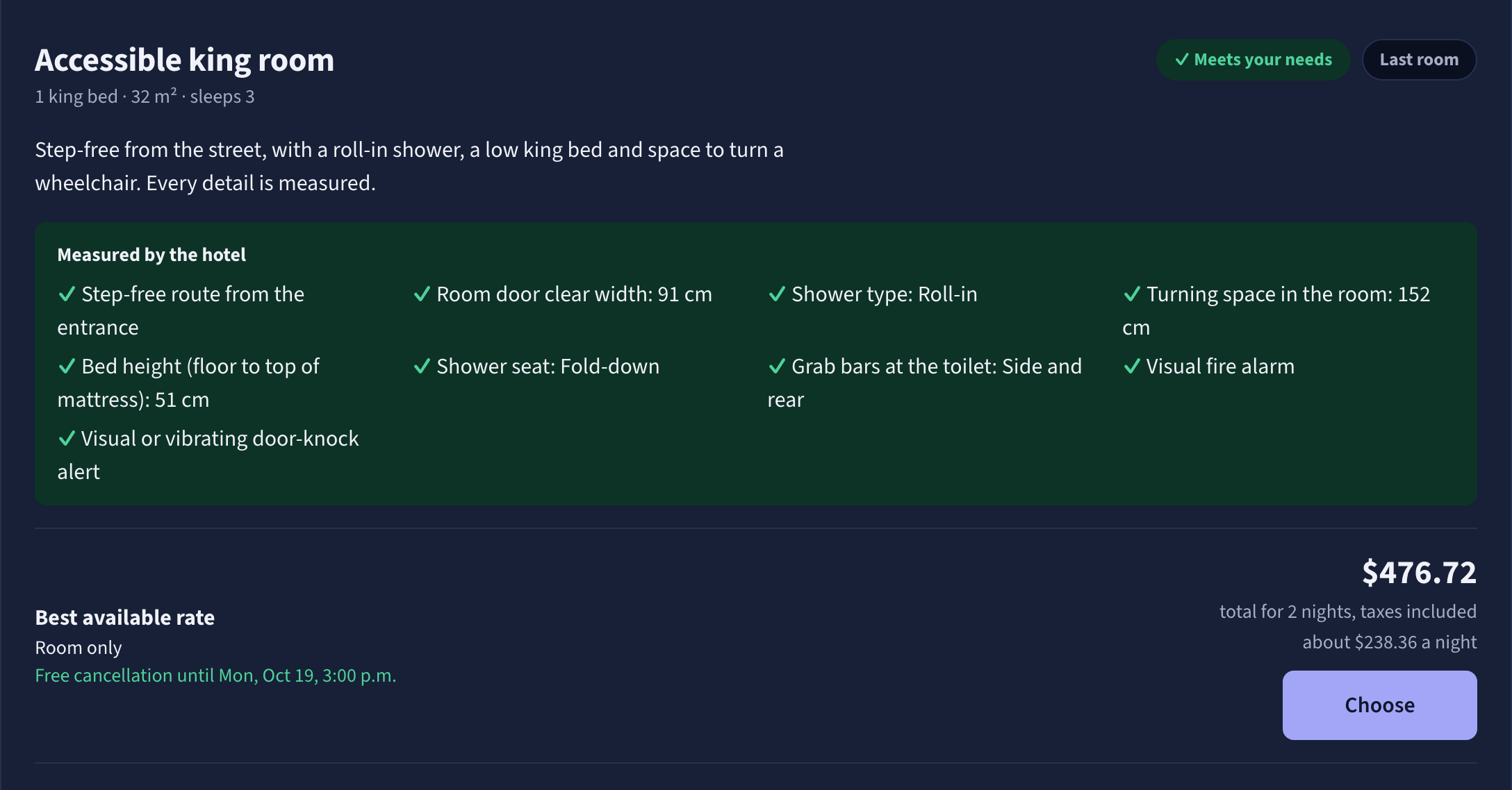 The guest booking page for the Accessible king room, marked Meets your needs. Measured by the hotel: step-free route, door 91 cm, roll-in shower with fold-down seat, bed height 51 cm, turning space 152 cm. Below it, the price for 2 nights with taxes and the Choose button.