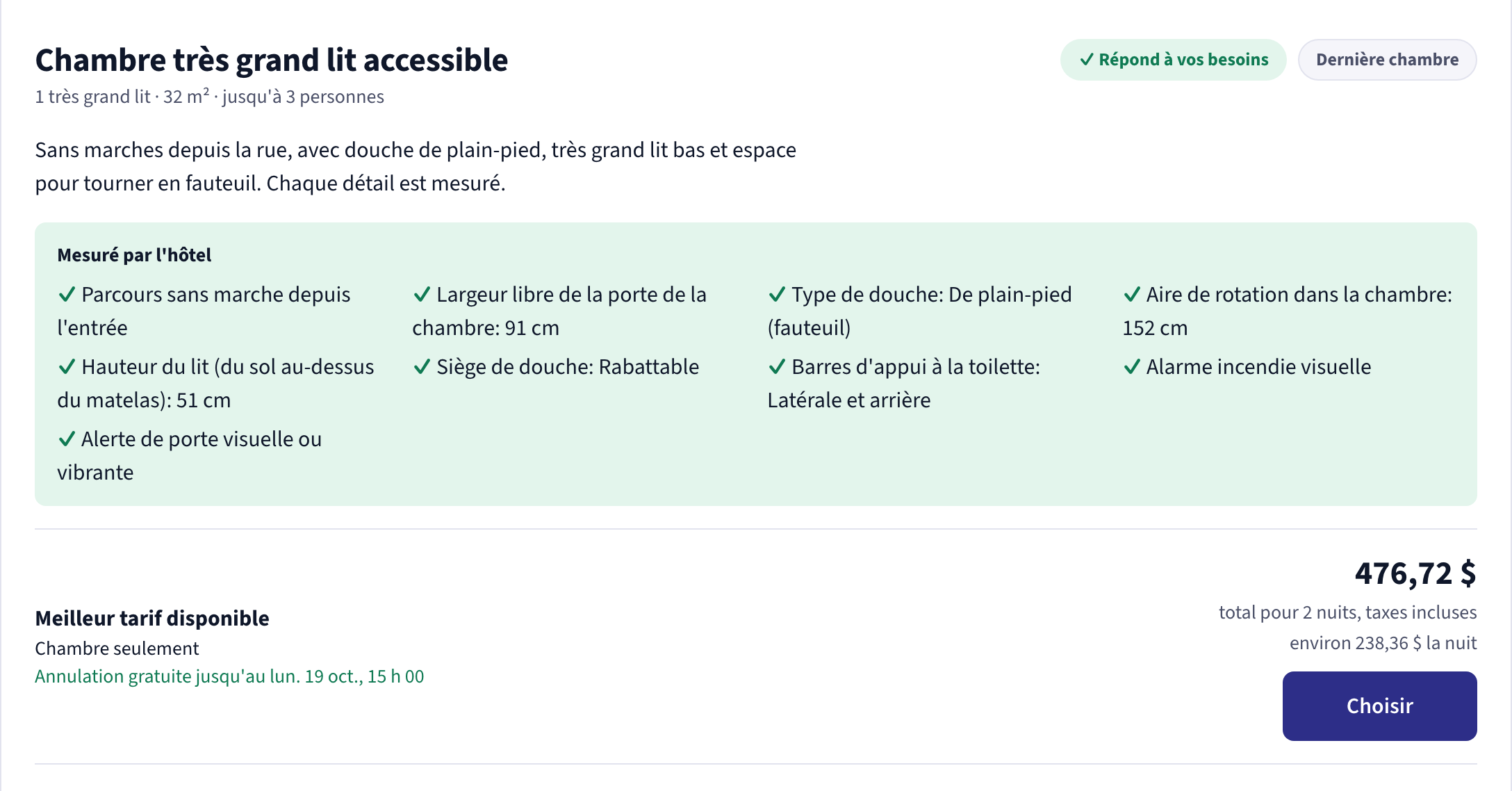 La page de réservation pour la chambre très grand lit accessible, marquée Répond à vos besoins. Mesuré par l’hôtel : parcours sans marche, porte de 91 cm, douche de plain-pied avec siège rabattable, lit de 51 cm, aire de rotation de 152 cm. En dessous, le prix pour 2 nuits taxes incluses et le bouton Choisir.