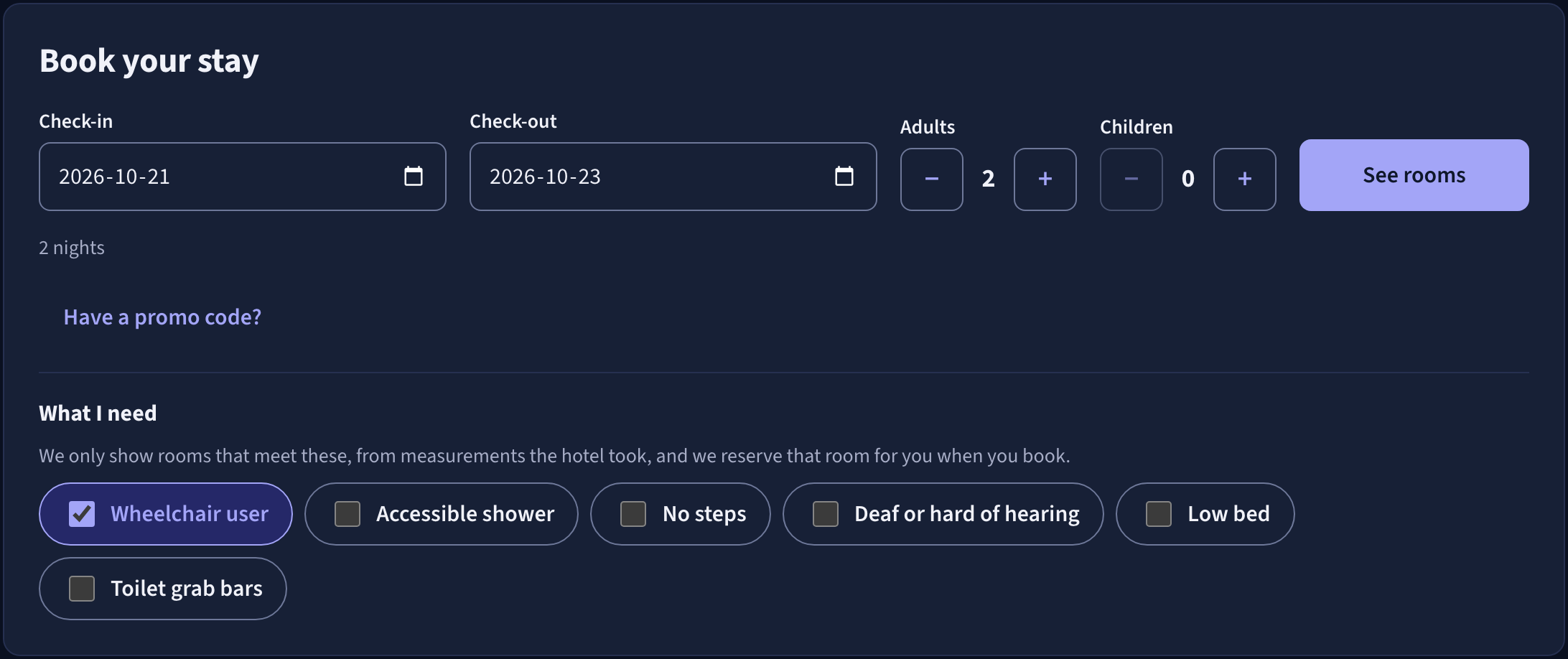 The booking page’s search: check-in and check-out dates, adults and children, and What I need, with Wheelchair user ticked and Accessible shower, No steps, Deaf or hard of hearing, Low bed and Toilet grab bars to choose from.