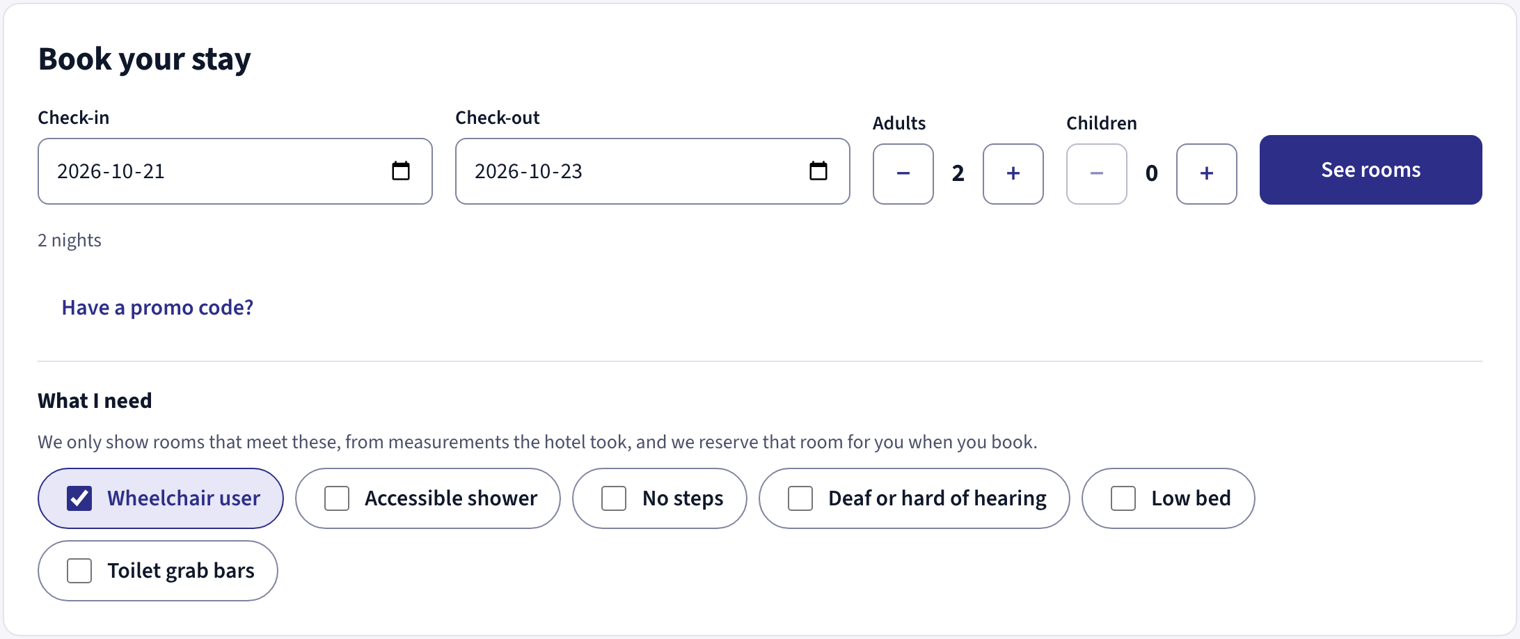 The booking page’s search: check-in and check-out dates, adults and children, and What I need, with Wheelchair user ticked and Accessible shower, No steps, Deaf or hard of hearing, Low bed and Toilet grab bars to choose from.